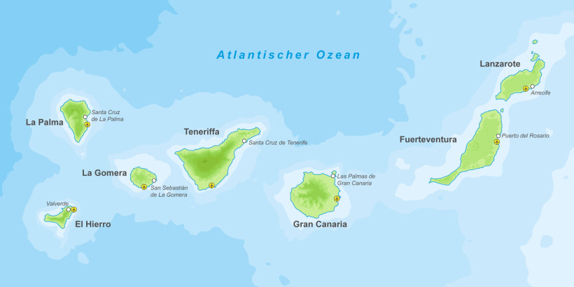 Kanarische Inseln – Landkarte Landkarte der Kanarischen Inseln im Atlantischen Ozean mit Inseln wie Teneriffa, Gran Canaria, La Gomera und Fuerteventura