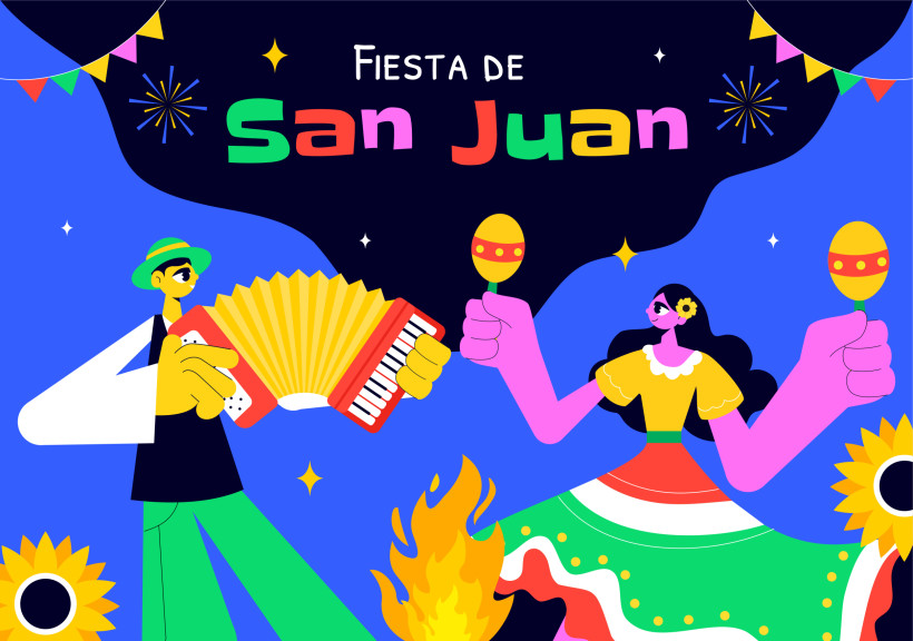 Ibiza Bunte Illustration mit der Aufschrift 'Fiesta de San Juan'. Links spielt ein stilisierter Mann mit grünem Hut ein Akkordeon. Rechts tanzt eine Frau in einem traditionellen Kleid mit grüner, roter und weißer Farbe und schwingt zwei Maracas. Im Hintergrund
