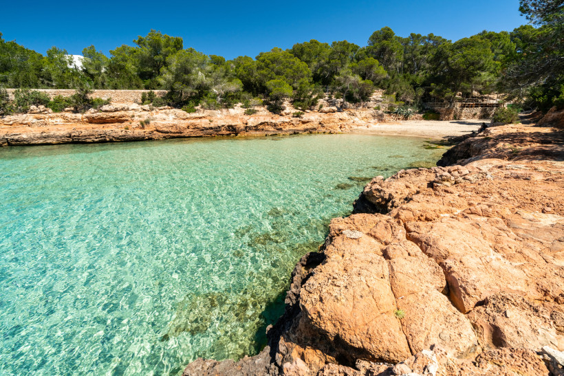 Cala Gracioneta mit türkisfarbenem Wasser, Felsen und Pinienküste