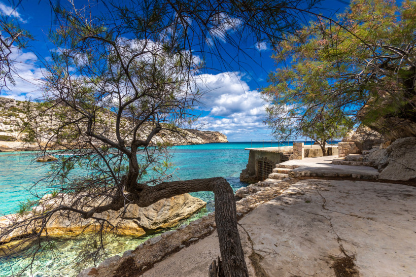 Cala Clara in Cala San Vicente mit Felsplattform, klarem Wasser und geschützter Bucht an der Nordküste Mallorcas.