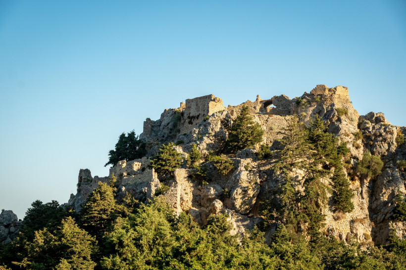 Kos Mittelalterliche Burgruine auf steilem Felsen, umgeben von Pinienbäumen unter klarem Himmel im Sonnenlicht