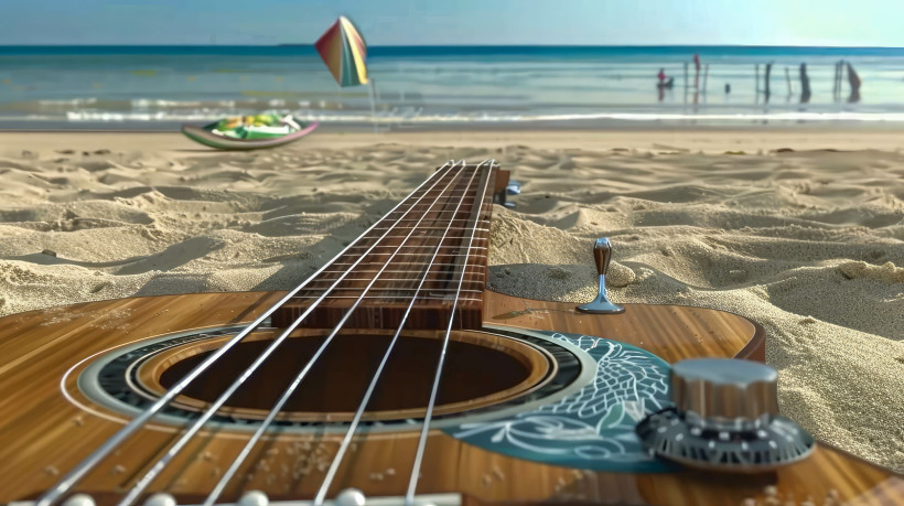 Mexiko E-Gitarre am Strand bei Sonnenuntergang. Musikalisches Instrument.