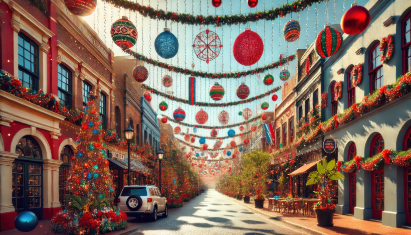 Südafrika Lebendige, festlich geschmückte Einkaufsstraße mit Girlanden, Kugeln und bunten Lichtern. Die Gebäude sind mit Weihnachtsdekoration versehen, es hängt eine südafrikanische Flagge im Hintergrund.