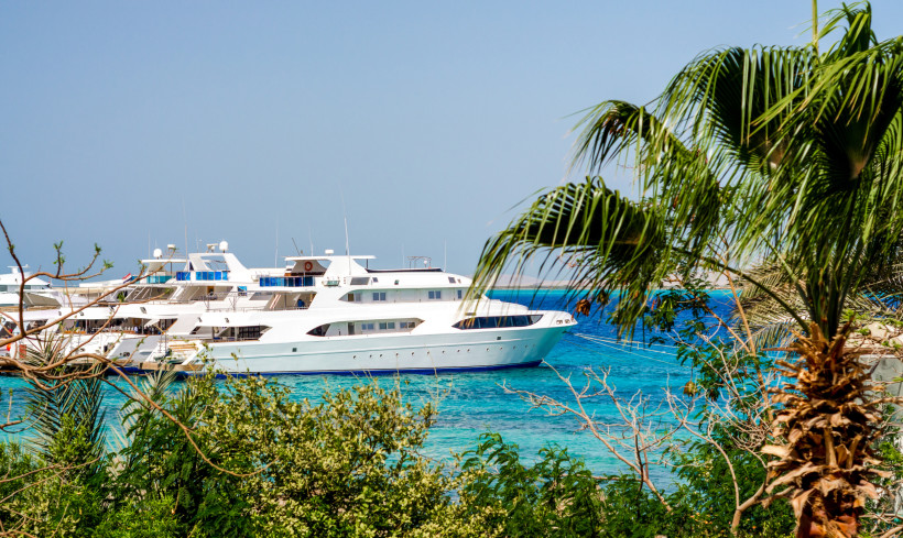 Exklusive Yachten und Palmenkulisse – perfekter Urlaub am Roten Meer Luxusyachten im Hafen mit tropischen Palmen und kristallklarem Wasser in Ägypten