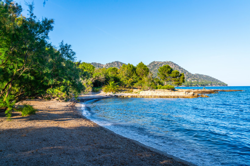 Ruhige Badebucht mit Kiesstrand, Pinienbäumen und felsiger Küste nahe Cala Bona, naturbelassener Abschnitt entlang der Ostküste Mallorcas mit klarem Wasser.