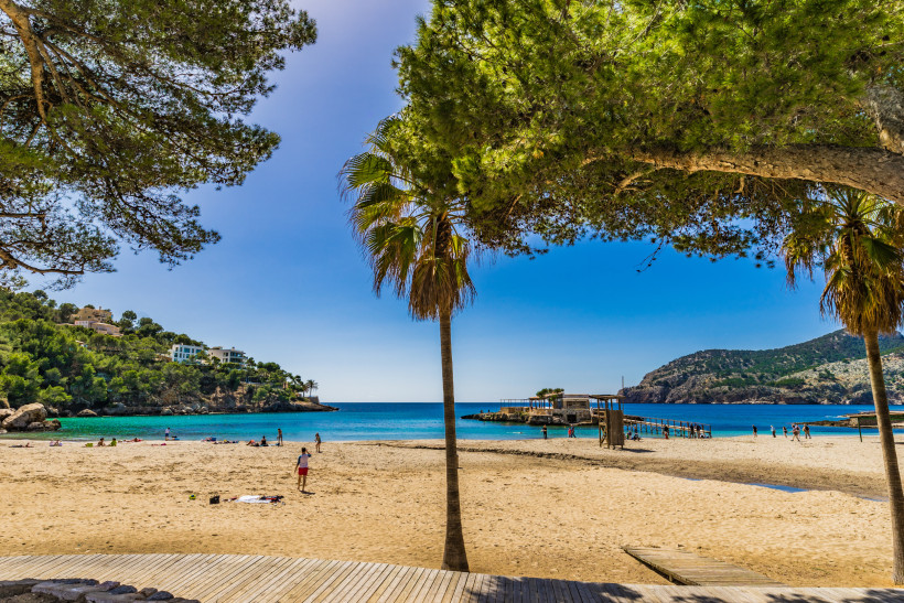 Sandstrand Platja de Camp de Mar mit türkisblauer Bucht, Palmen und Steg