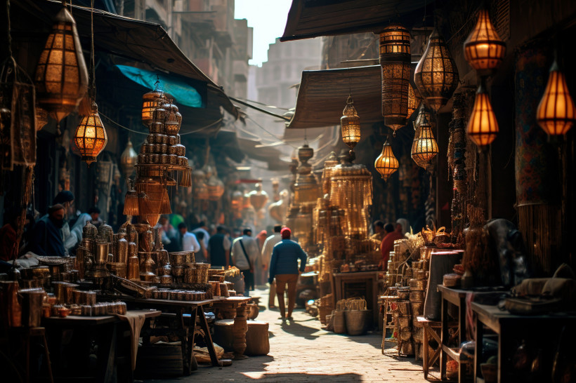 Marrakesch Marktszene in einer engen Gasse von Marrakesch. Menschen gehen zwischen kleinen Ständen mit traditionellen Lampen, Körben und Waren hindurch. Warmes Licht von orientalischen Laternen, viele Brauntöne, geschäftige Atmosphäre.
