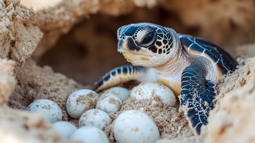 Mexiko Nahaufnahme einer Meeresschildkröte, die an einem tropischen Strand ihre frisch gelegten Eier vorsichtig mit Sand bedeckt und so das Nest für die zukünftigen Jungtiere schützt.