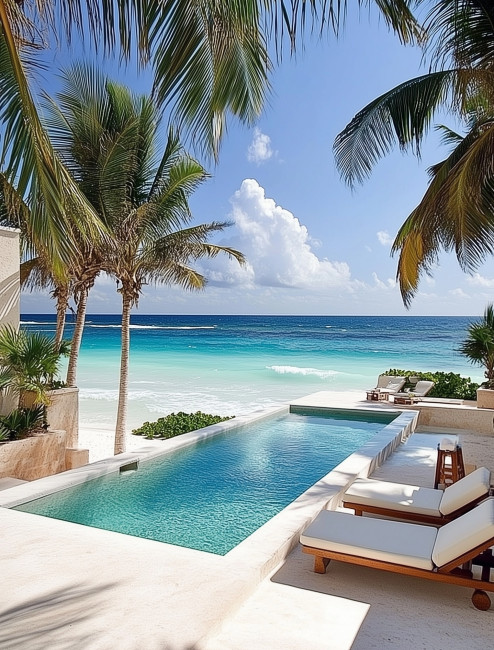 Weißes Strandhaus mit Pool, Palmen und blauem Meerblick