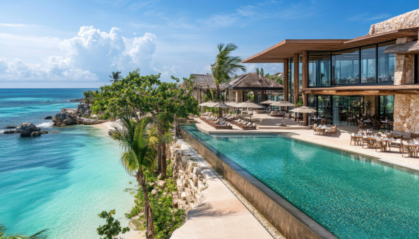 Mexiko Luxushotel mit Infinity-Pool und Blick auf tropischen Strand an der Riviera Maya