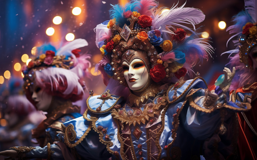 Lanzarote Person in prächtigem Karnevalskostüm mit kunstvoller Maske, bunten Federn, Perlen und Blumen im Kopfschmuck. Im Hintergrund weitere Maskierte und festliche Beleuchtung.