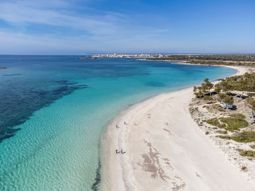 Luftaufnahme der Platja Es Carbó mit hellem Sandstrand und türkisblauem Meer