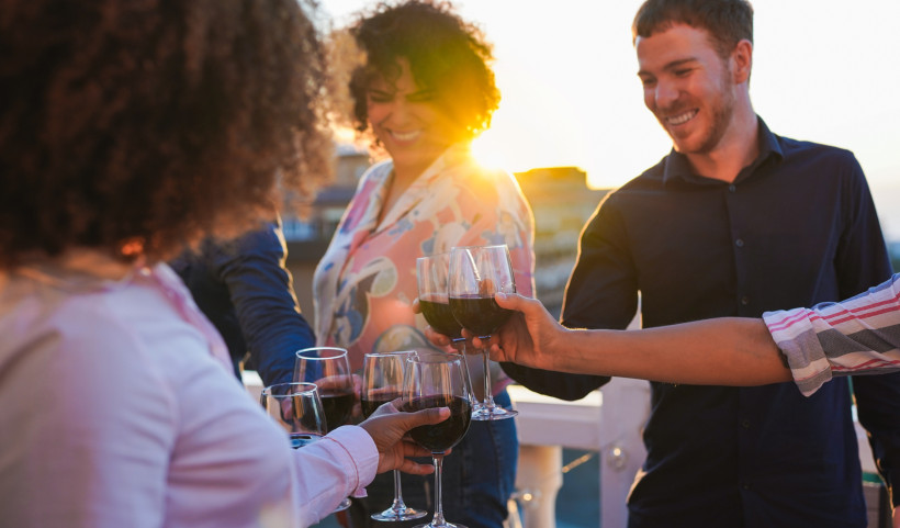 Südafrika Gruppe von Menschen steht bei Sonnenuntergang im Freien zusammen und stößt mit Rotweingläsern an. Alle lächeln und wirken entspannt und fröhlich.