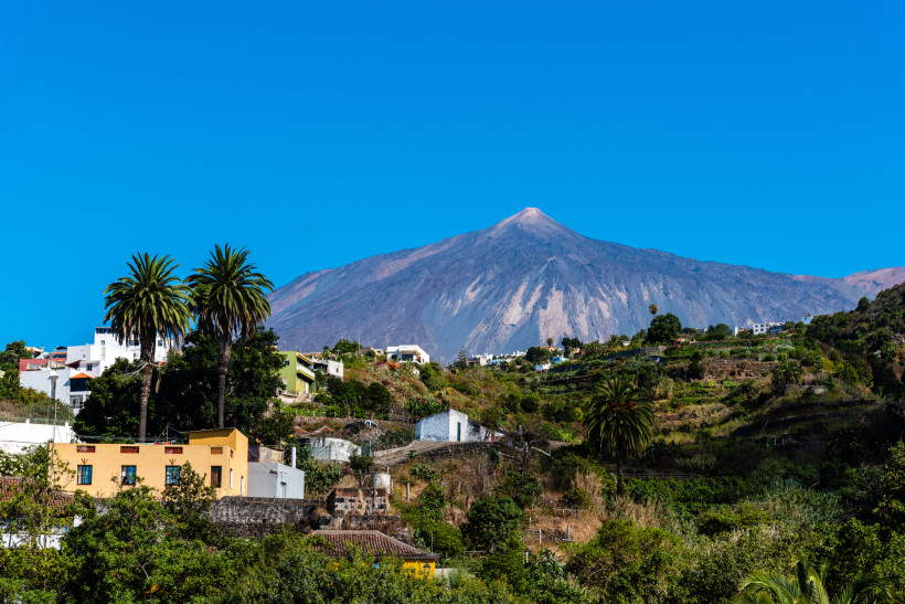 Icod de los Vinos mit Blick auf den Teide, grünen Hänge und traditionellen Häusern Icod de los Vinos - Landschaft auf Teneriffa mit grünen Terrassenhängen, Palmen und verstreuten Häusern im Vordergrund, dahinter der gewaltige Vulkan Teide unter klarem, blauem Himmel.