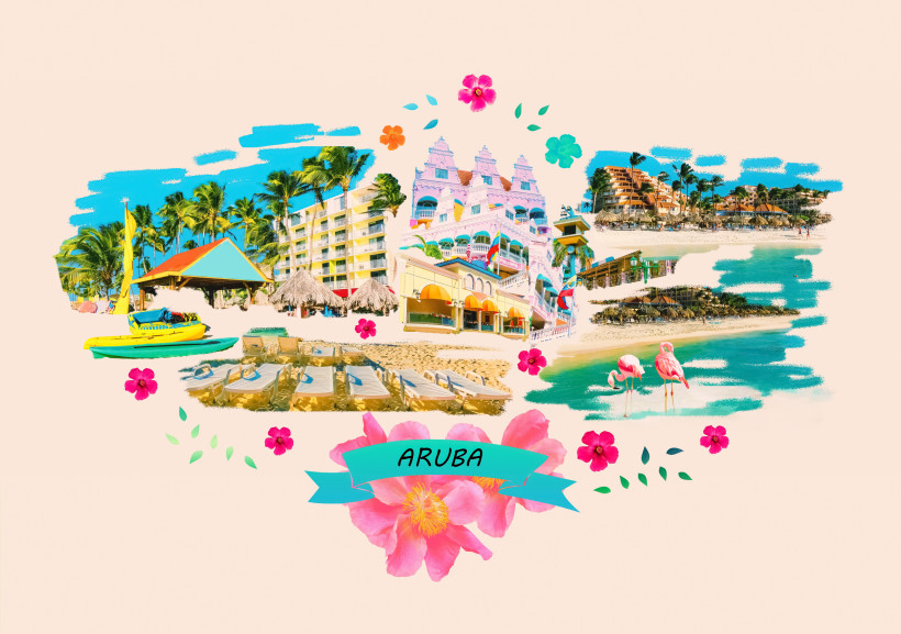 Bunte Collage mit typischen Motiven von Aruba: weiße Strände mit Liegen, Flamingos im türkisblauen Wasser, farbenfrohe Kolonialgebäude in Oranjestad, Strandresorts mit Palmen und ein Banner mit der Aufschrift 'Aruba' über einer Hibiskusblüte. Die Gestaltu