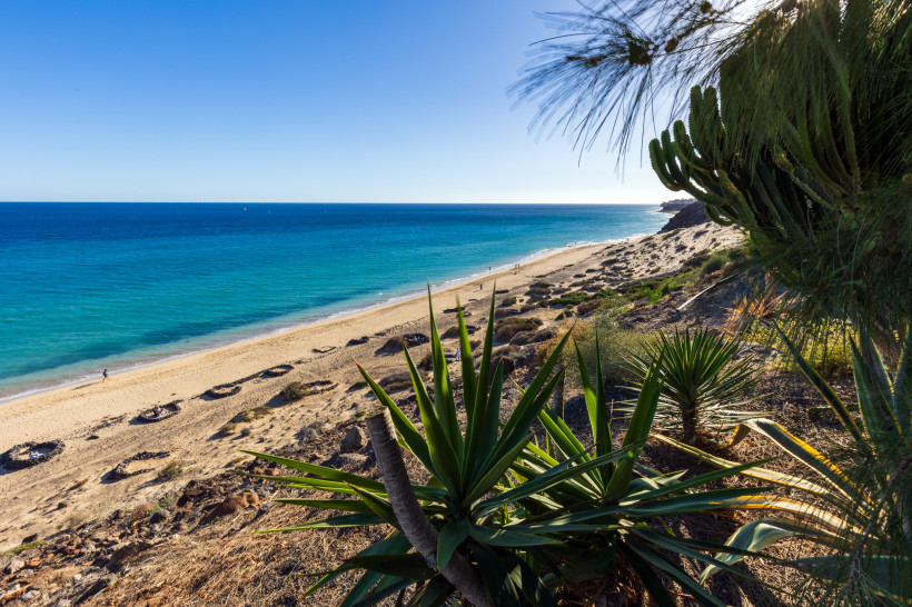 Blick über den Sandstrand Playa de Esquinzo mit türkisblauem Meer und Küstenvegetation im Vordergrund