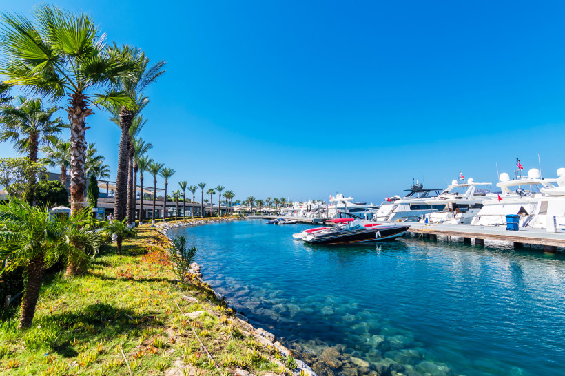Yachthafen von Bodrum mit Palmenpromenade, luxuriösen Yachten und klarem türkisblauem Wasser