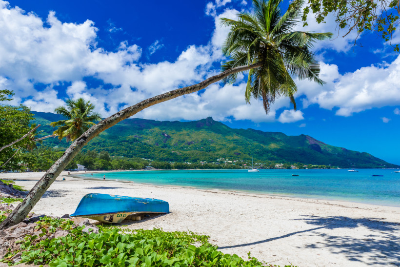 Seychellen - Beau Vallon (Mahé) Beau Vallon Strand Seychellen 2025/2026 – weiße Sandbucht mit Palme, türkisblauem Meer und kleinem Boot