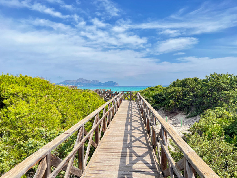 Holzsteg durch Dünenvegetation zum Naturstrand Es Comú mit Blick auf das Meer und Berge am Horizont