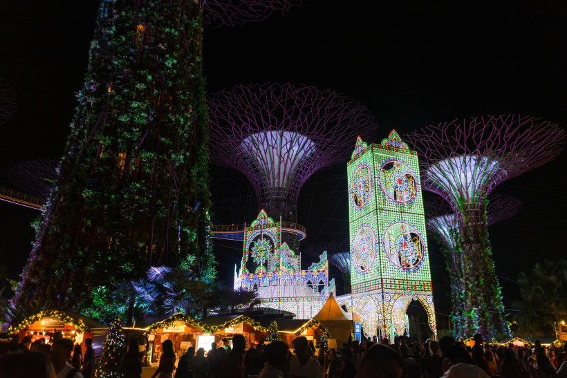 Singapur Nächtliche Aufnahme der Supertree Grove im Gardens by the Bay in Singapur, festlich beleuchtet in intensiven Blau- und Violetttönen. Die Pflanzenstrukturen der Supertrees leuchten stark, während bunte tropische Pflanzen im Vordergrund zu sehen sind.