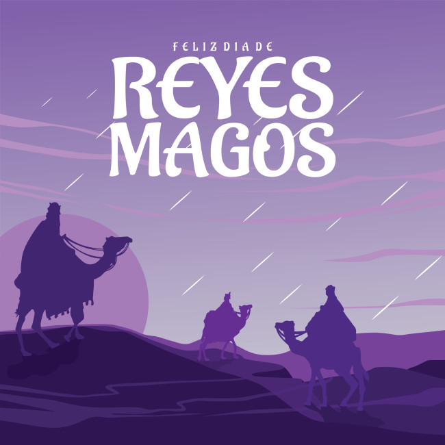 Lanzarote Illustration mit drei Heiligen Königen auf Kamelen in einer Wüstenlandschaft bei Sonnenaufgang. Oben steht in großen Buchstaben 'Feliz Día de Reyes Magos' auf violettem Hintergrund.