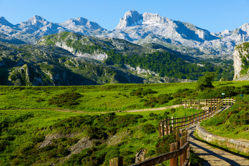 Berglandschaft der Picos de Europa mit grünem Tal, Holzsteg und felsigen Gipfeln unter blauem Himmel