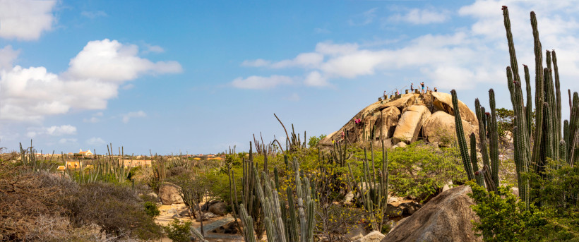 Felsige Hügellandschaft mit zahlreichen hohen Kakteen unter blauem Himmel. Menschen stehen und klettern auf einer großen Felsformation, im Hintergrund flache Häuser und weite Natur.