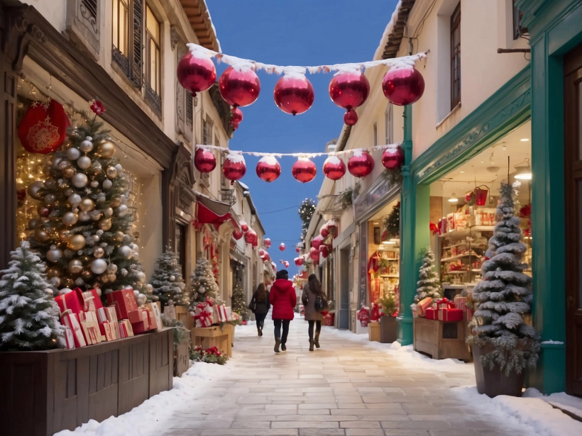Weihnachten Spanien weihnachtlich geschmückte Gasse mit Geschäften, Menschen