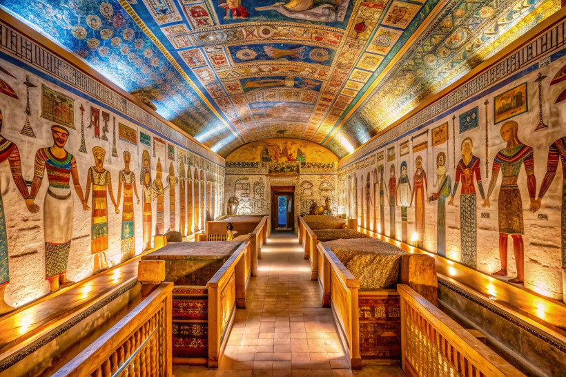 Tal der Könige, Ägypten Altägyptische Grabstätte mit aufwendig verzierten Kammern und Korridoren mit leuchtend bunten Hieroglyphen im Tal der Könige