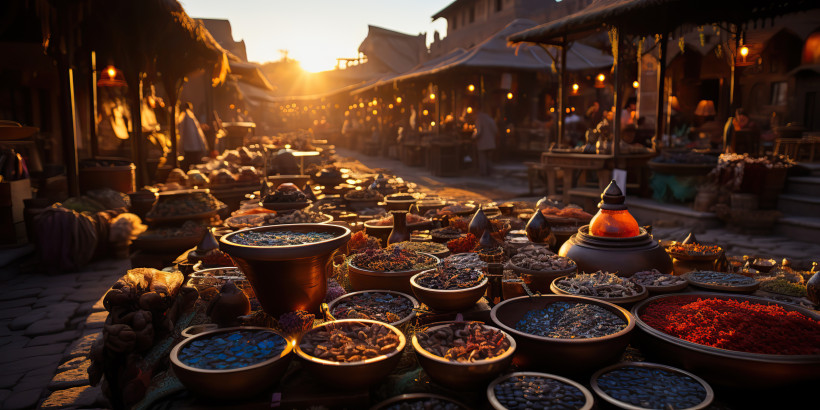 Orientalischer Markt in Marokko bei Sonnenuntergang mit vielen offenen Schalen voller bunter Gewürze im Vordergrund. Im Hintergrund traditionelle Marktstände und Gebäude, stimmungsvoll beleuchtet durch das warme Licht der tief stehenden Sonne.
