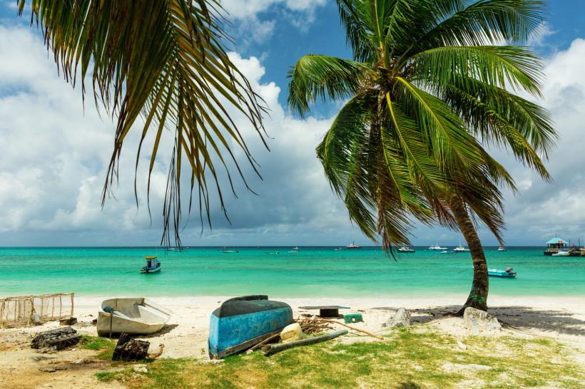 Idyllischer Fischerstrand auf Barbados – türkisblaues Meer und Palmen Fischerboote und Palmen an einem weißen Sandstrand auf Barbados mit türkisblauem Meer.