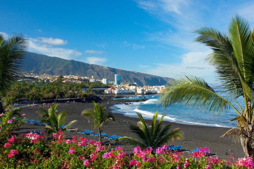 Teneriffa - Playa Jardin Playa Jardín in Puerto de la Cruz, Teneriffa: schwarzer Sandstrand mit Palmen, Blumen, Liegen und Blick auf die Stadt und Berge im Hintergrund.