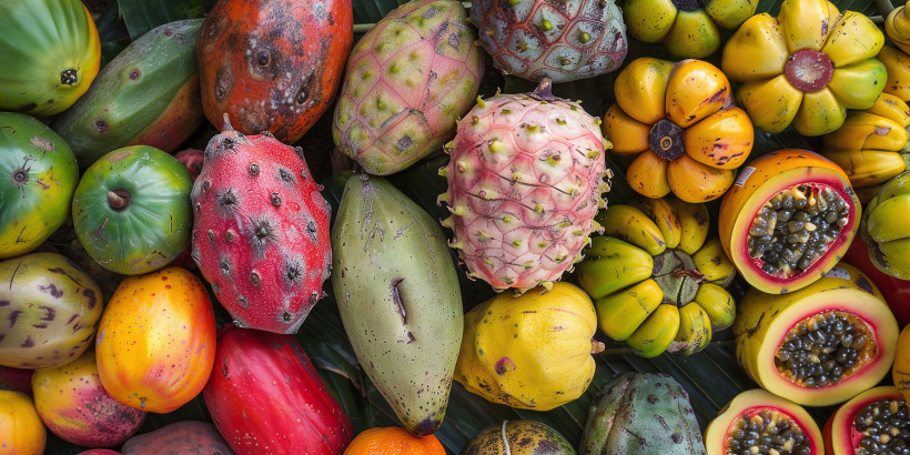 Orotina Fruit Festival, Costa Rica Bunte Auswahl tropischer Früchte, darunter Kaktusfrüchte, Granadillas, Sternfrüchte, Papayas und weitere exotische Sorten, die eng beieinander liegen