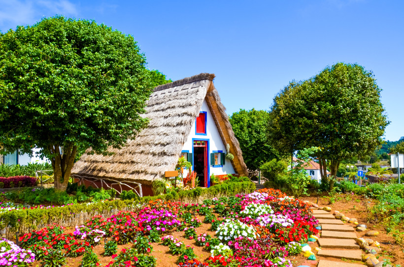 Typisches Strohdachhaus in Santana auf Madeira mit buntem Blumengarten und blauem Himmel
