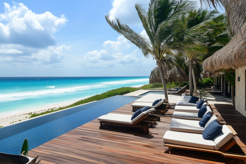 Tropisches Strandresort mit Infinity-Pool und Meer