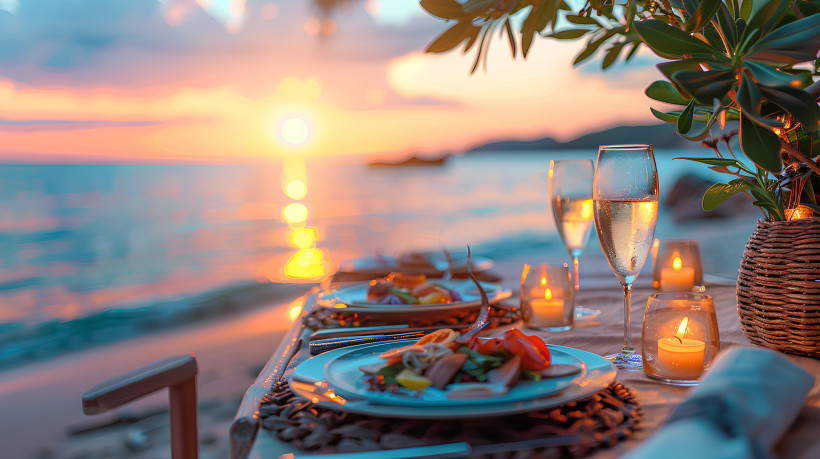 Mexiko, Cancún Abendessen am Strand am Meer serviert