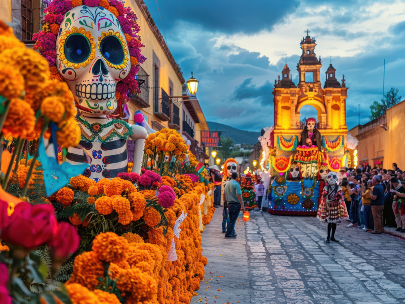 Mexiko Festliche Parade zum Tag der Toten mit farbenfrohen Catrina-Kostümen und Ringelblumenschmuck auf einem lebhaften mexikanischen Stadtplatz