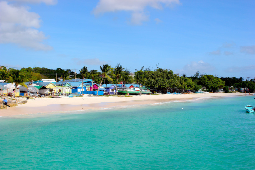 Bunte Strandhäuser und Palmen am weißen Sandstrand von Barbados mit türkisblauem Meer.