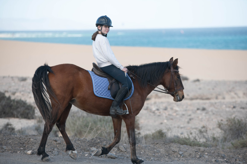 Reiturlaub auf Fuerteventura – Ausritte am Strand und durch die Vulkanlandschaft Frau auf braunem Pferd beim Ausritt entlang der Dünen und Küste von Fuerteventura mit Blick auf das Meer