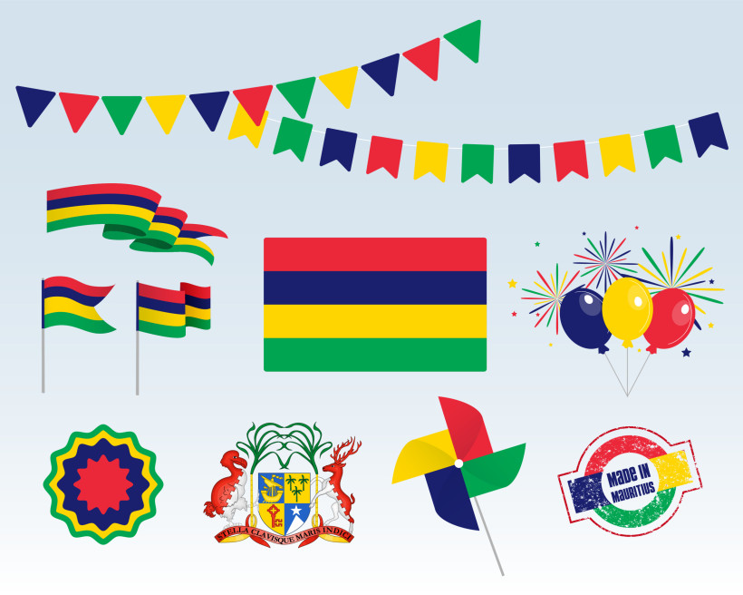 Dieses Bild stellt verschiedene Symbole dar, die mit Mauritius verbunden sind. Im Zentrum befindet sich die mauritische Flagge mit den Farben Rot, Blau, Gelb und Grün. Über der Flagge hängen bunte Wimpelketten, die in den Nationalfarben gehalten sind. Lin