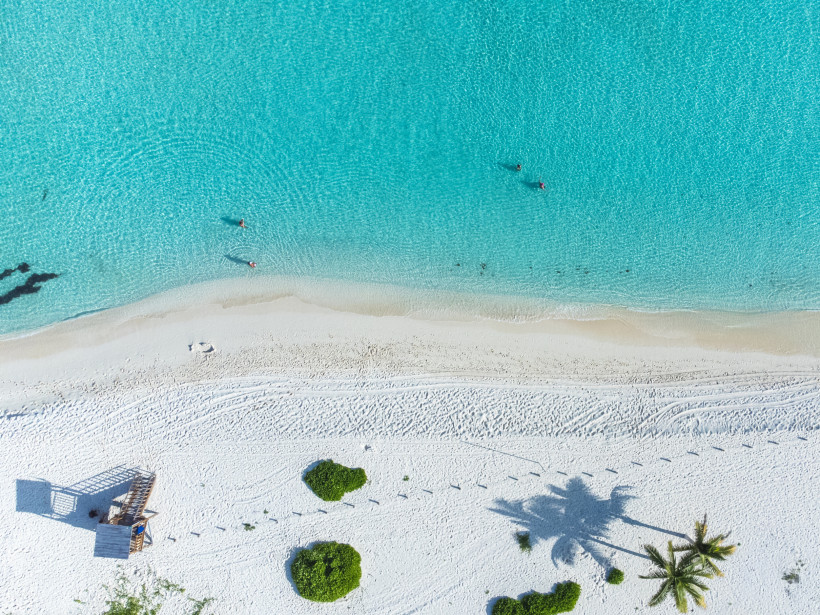 Mexiko Ein traumhafter Sandstrand mit kristallklarem, türkisfarbenem Wasser aus der Vogelperspektive. Menschen genießen das ruhige Meer, während Palmen ihre Schatten auf den feinen weißen Sand werfen.