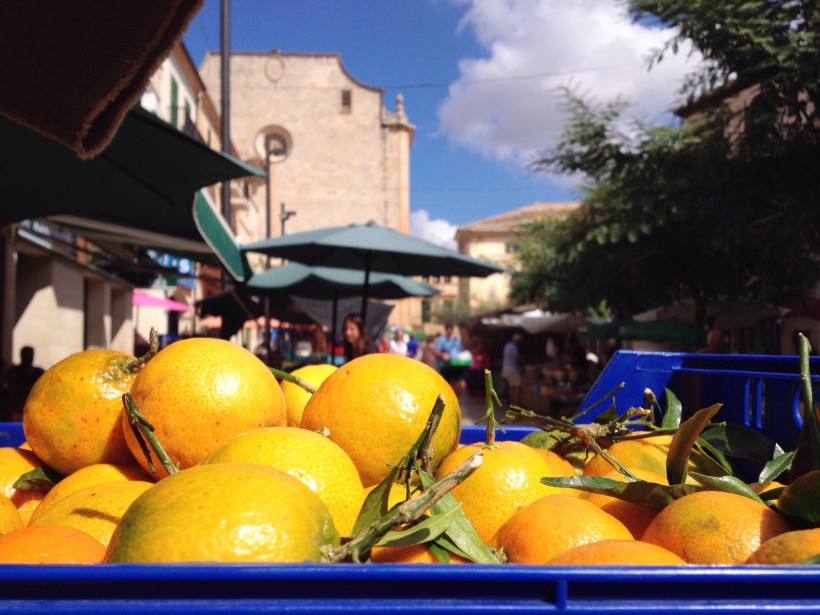 Mallorca - Santanyí Eine Nahaufnahme einer blauen Kunststoffkiste voller Mandarinen mit grünem Blattwerk, die auf einem Marktstand angeboten werden. Im Hintergrund sind Menschen auf einem sonnigen Marktplatz mit alten Sandsteinhäusern und grünen Sonnenschirmen zu sehen. Der
