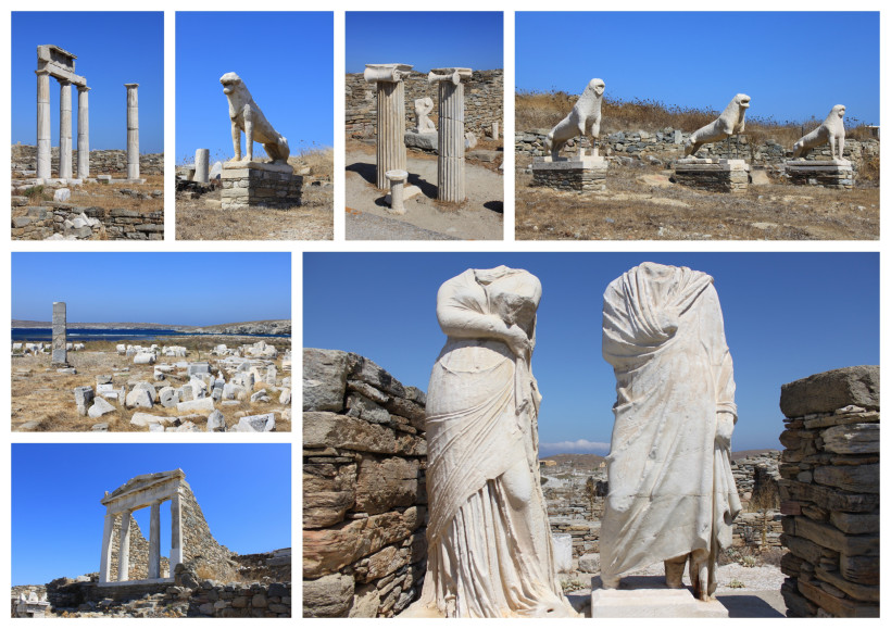 Mykonos - Delos Antike Ruinen, Marmorstatuen und Löwenfiguren auf der Insel Delos, UNESCO-Weltkulturerbe bei Mykonos