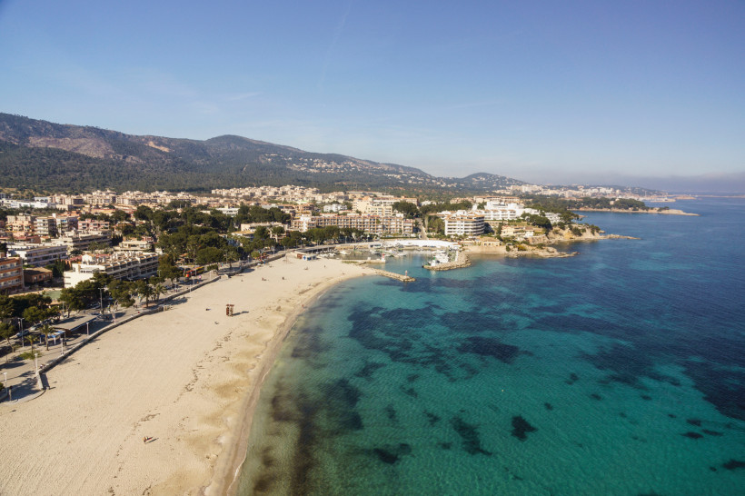 Luftaufnahme der Playa de Es Carregador in PalmaNova mit Sandstrand, Küstenpromenade und türkisblauem Meer