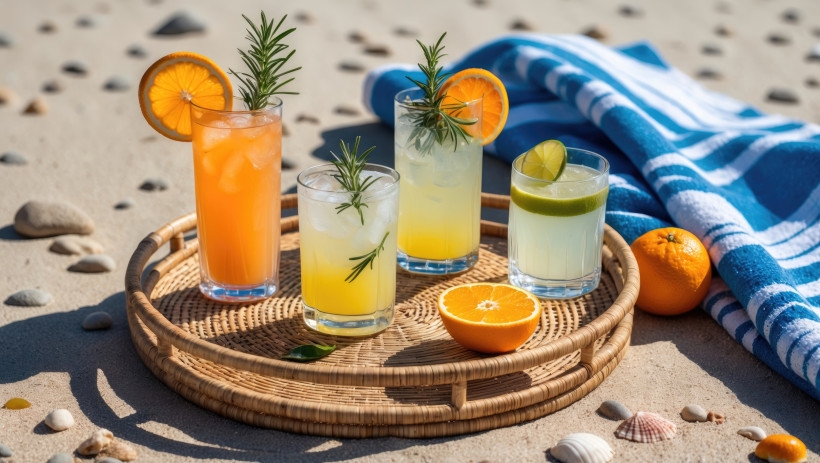 Erfrischende Sommer-Cocktails mit Zitrusfrüchten und Kräutern auf einem Tablett im Sand, neben einer blauen Stranddecke und Muscheln