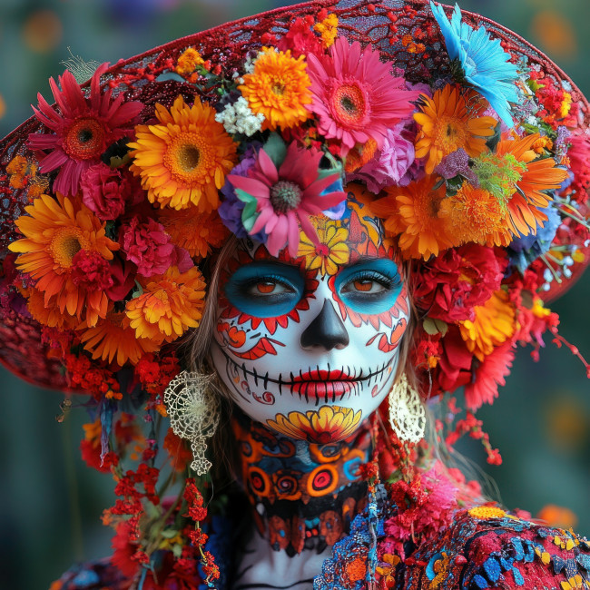 Mexiko Festliche Dia de los Muertos-Feier mit leuchtenden Farben, Frau bunt angemalt, geschmückt