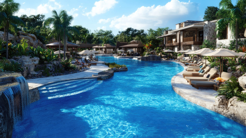 Poolanlage, Liegen, Palmen, Wasser