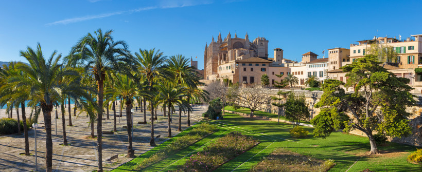 Kathedrale La Seu in Palma de Mallorca mit Palmenpromenade und Parkanlage