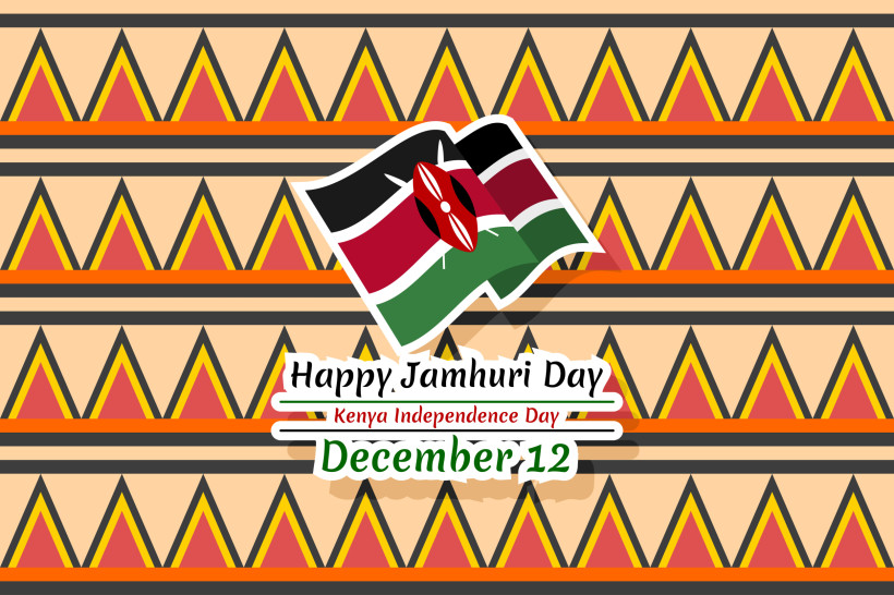 Kenia Illustration mit kenianischer Flagge und der Aufschrift 'Happy Jamhuri Day – Kenya Independence Day – December 12'. Im Hintergrund ein traditionelles Muster in Rot, Gelb, Orange und Schwarz.