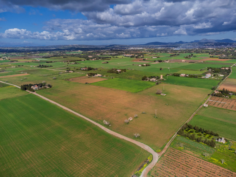 Landschaftsebene Es Pla mit Feldern, Wegen und vereinzelten Gehöften unter wolkigem Himmel